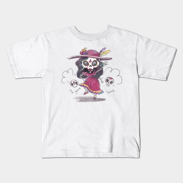 Dancing Day of the Dead La Calavera Catrina Kids T-Shirt by SandiTyche